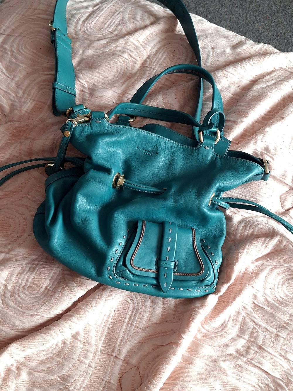 Teal Leather Crossbody Tote Bag by (LANCEL)